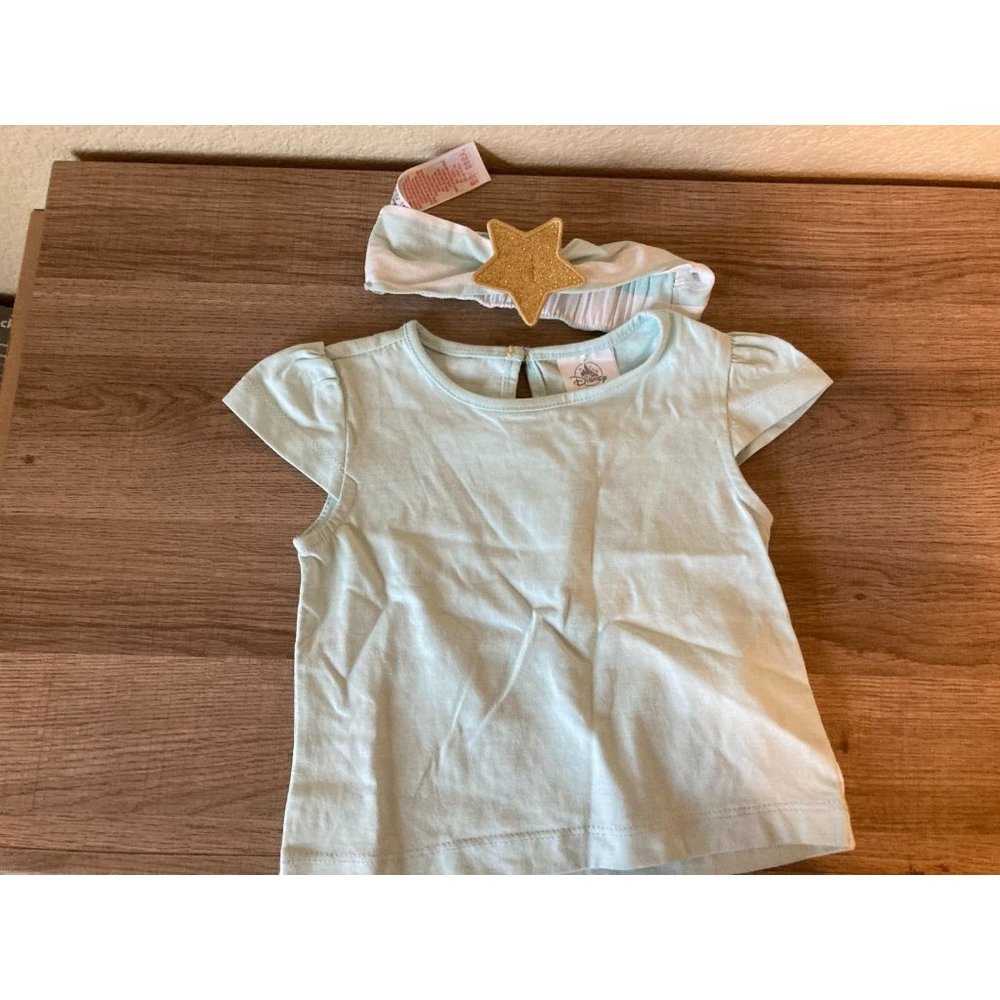 Disney Princess  Light Green Cotton Top T Shirt 3T With Sparkly Star Headband